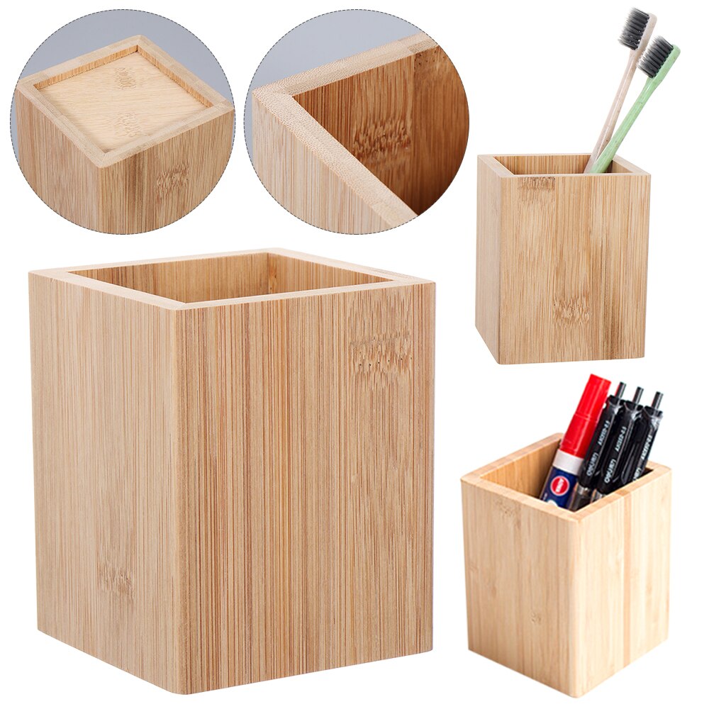 Bamboo Box Pen Pencil Holder Makeup Brush Storage Office Desktop Stationery Organizer Square Container Pen Holder