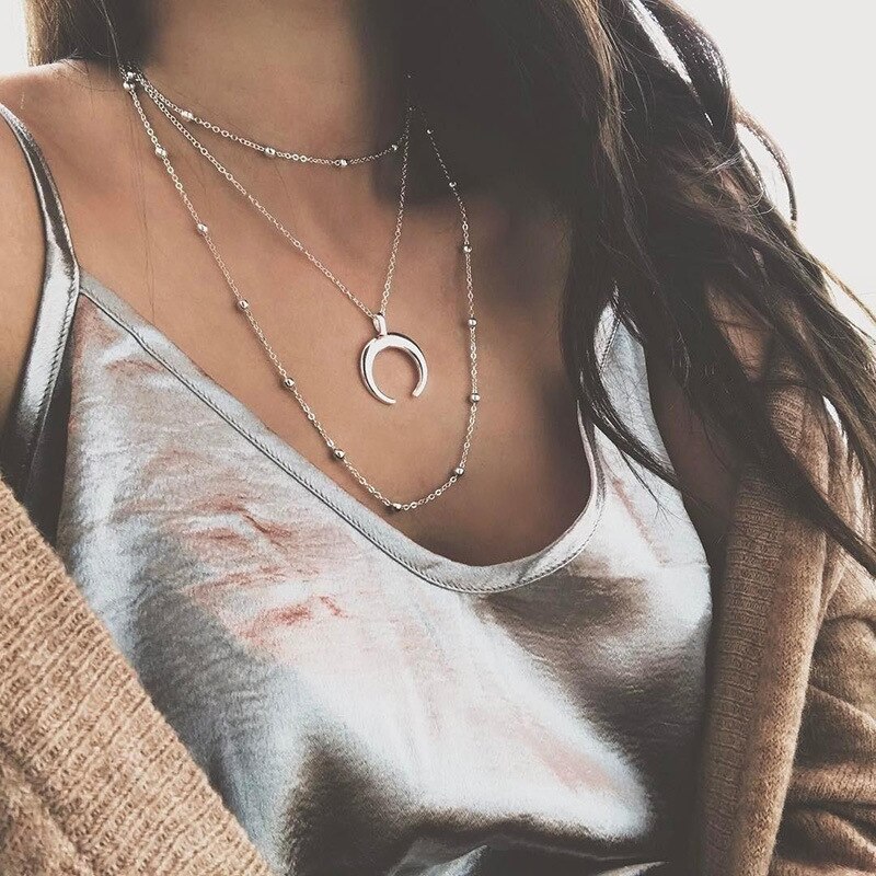 Diversiteit Vintage Multilayer Ketting Vrouwen Goud Kleur Kralen Moon Star Hoorn Crescent Power Kettingen Sieraden