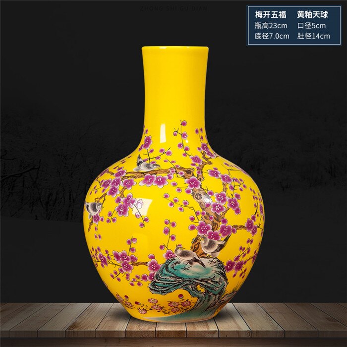 Jingdezhen ceramic yellow vase decoration Chinese classical living room TV cabinet home decoration flower arranging vase: f