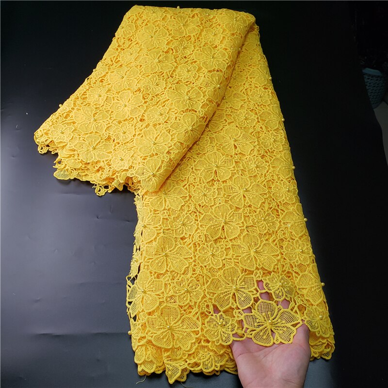 Encaje de guipur para vestido de nigeriano, tejido de cordón bordado africano clásico, muy suave, color amarillo, con cuentas, NN811: with yellow beads