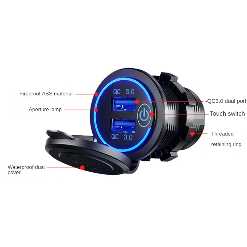 Schnellladung, Dual-USB-Anschlüsse, Autoladegerät, wasserdichte Schnellladebuchse, Steckdose mit LED-Licht für Motorrad-Autoladung