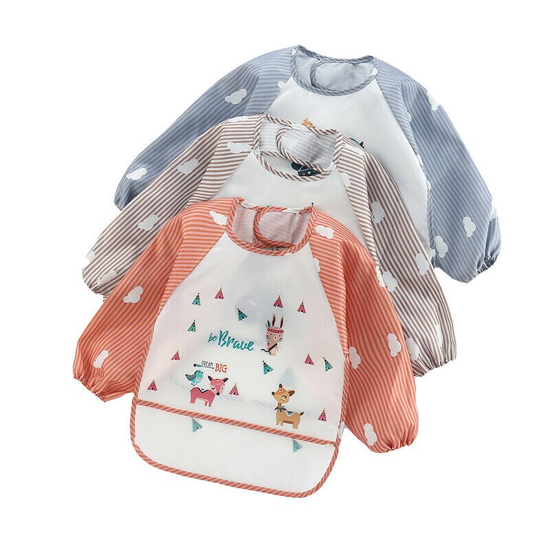 Cartoon Baby Child Feeding Bibs Toddler Long Sleeve Waterproof Apron Pocket Waterproof Cloths with Food Catcher: 3pcs