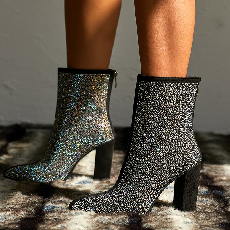 Bottines noires à strass et fermeture éclair pour femmes, à bouts pointus, à talons hauts, chaussures Botas mujer grande taille du 35 au 42