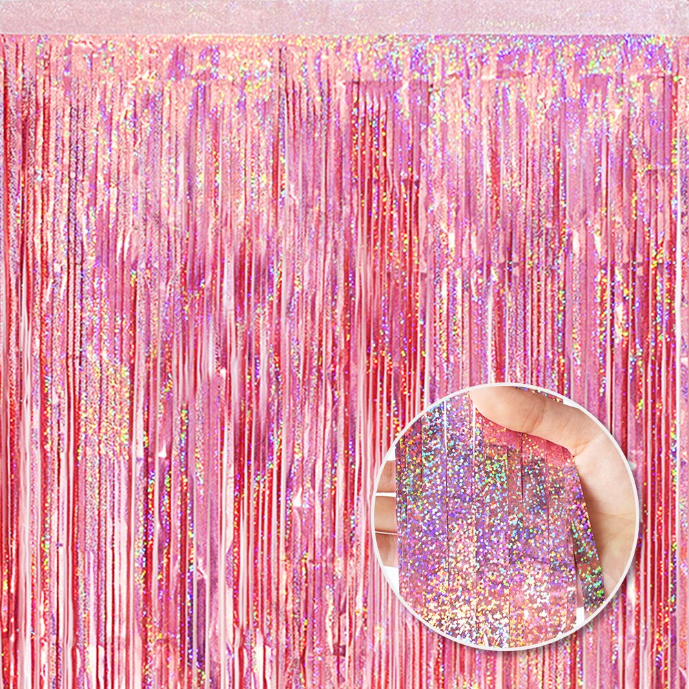 BRAVESHINE Roze klatergoud folie franje gordijnen - 2 stuks 1 x 2,54 m metallic vakantie foto achtergrond voor meisje prinses verjaardagen bruidsdouche zoete Valentijnsdag vrijgezellenfeest