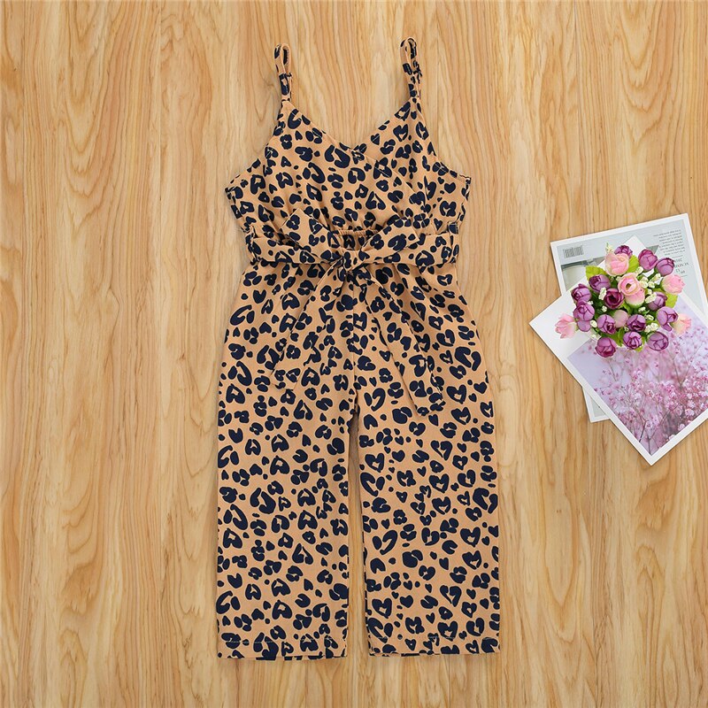 1-6y børn baby piger tøj leopard print overalls casual bukser ærmeløse v-hals bælte sommer romper jumpsuits 4 farver