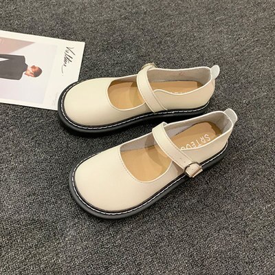 Mori pige små læder sko litterær lille frisk stort hoved dukke sko lavvandet mund flade fritidssko japansk retro enkelt sko: Beige / 7