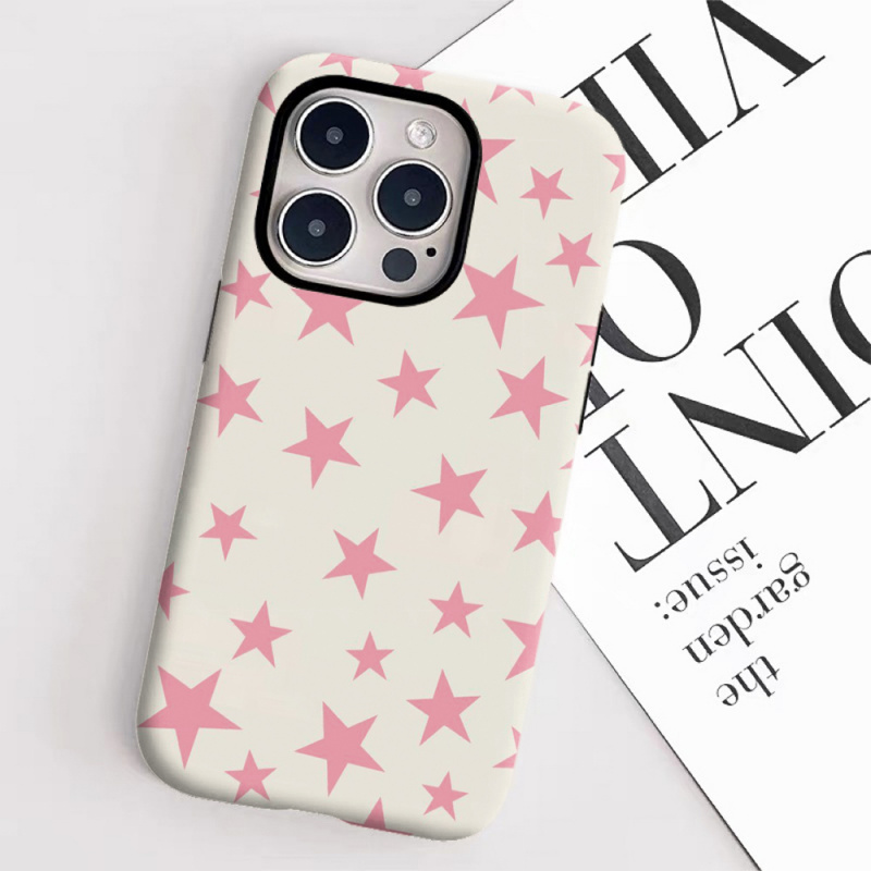 Eenvoudig roze telefoonhoesje met sterren, geschikt voor iphone 17, 16 pro, max , 15 , 14 14 12 mini , 7 plus. stevig, glanzend  xr 2 -in- 1 hoesje.
