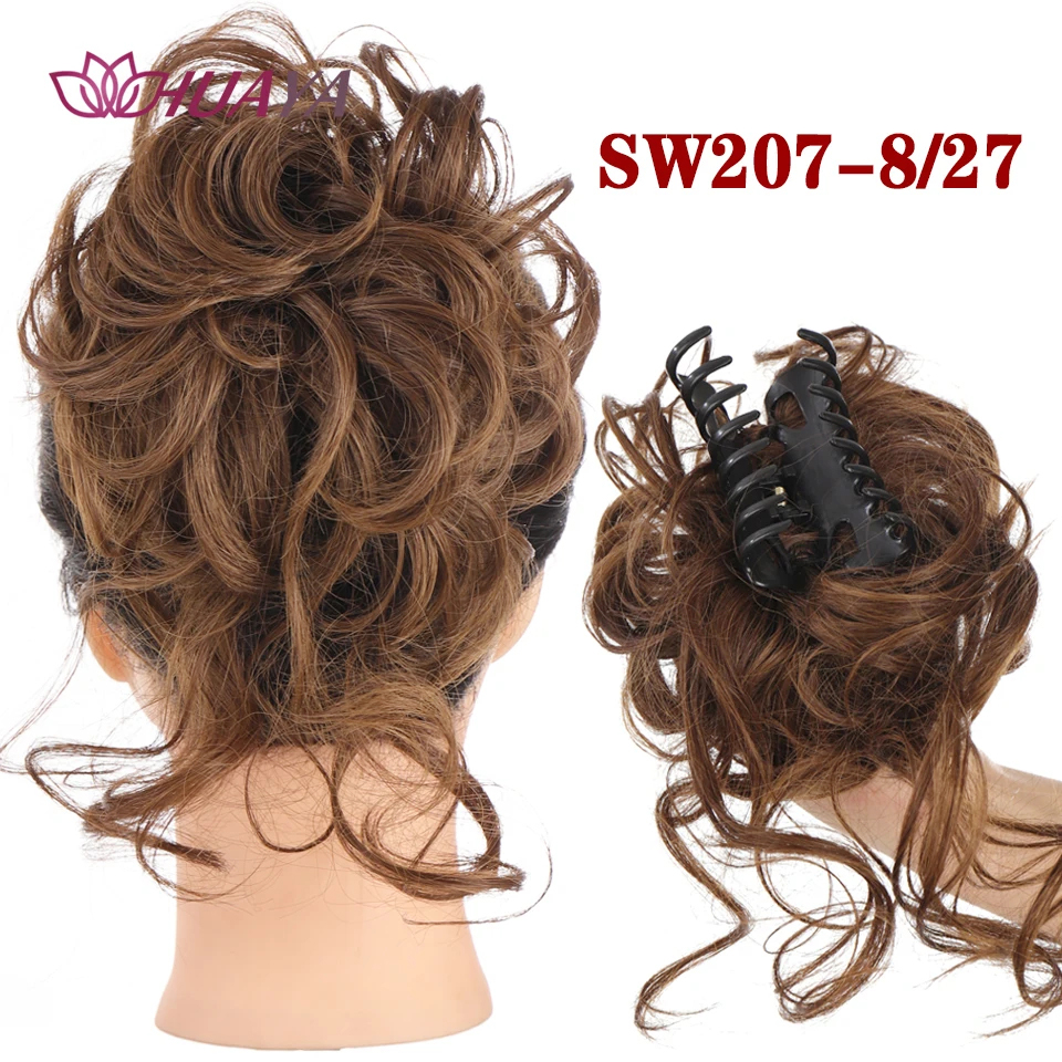 Moño de pelo sintético para mujer, moño desordenado, extensiones de cabello Updo despejadas con Clip de garra, horquillas rizadas, negro y marrón: P18 / 22