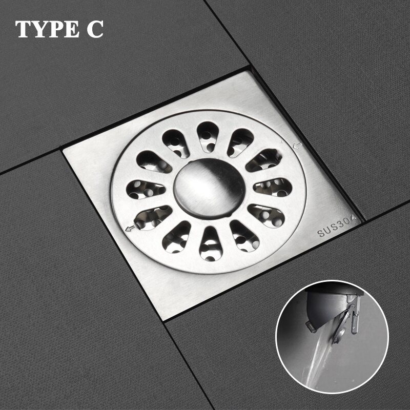 Desagüe de suelo de acero inoxidable SUS304 para cocina y baño, rejillas cuadradas duraderas para residuos, desagües de ducha de baño, 10x10 CM: Type C