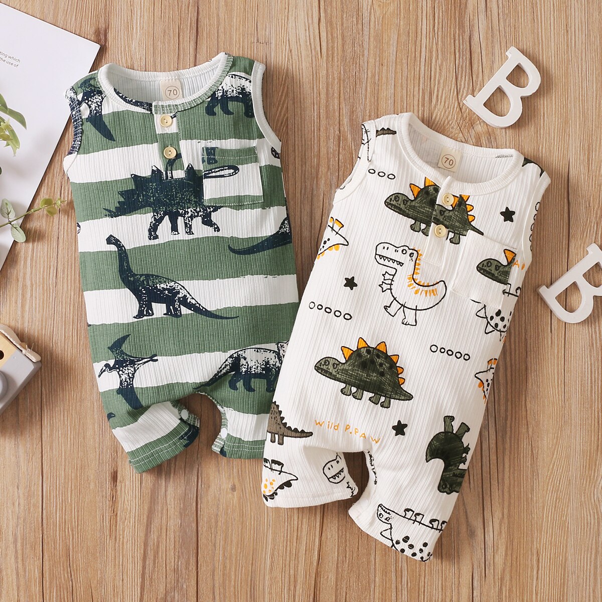 Citgeett sommer-strampler für jungen mit dinosaurier-drucken, ärmellos, rundhalsausschnitt, taschen