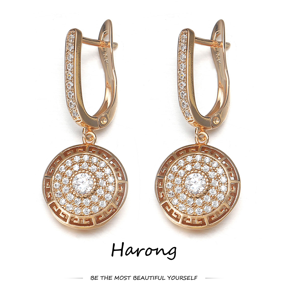 Pendientes colgantes de cristal de circón de para mujer, aretes estéticos de redondos huecos de Color dorado, de joyería