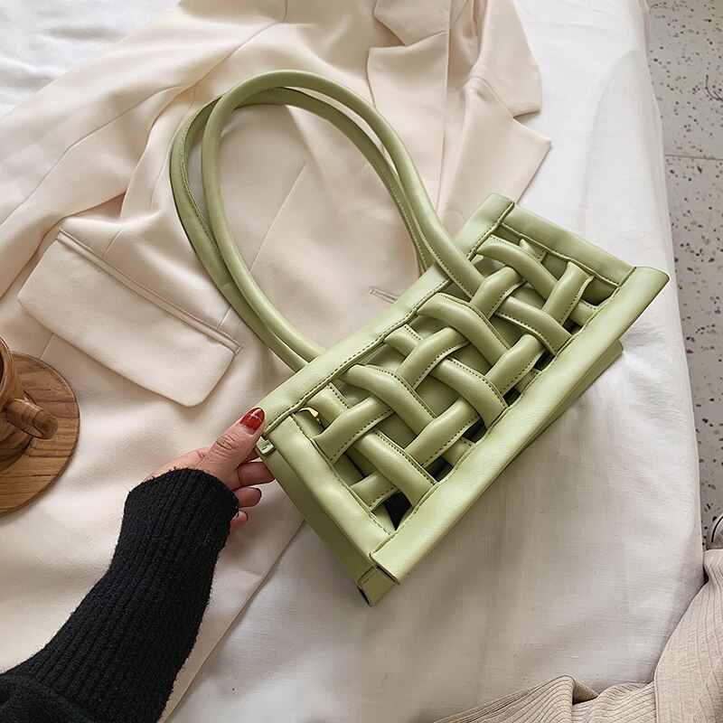 Waffle PU Leather Shoulder Bags For Women Small Handbags Female Candy Color Hand Bag Lady Travel Handbag: Green