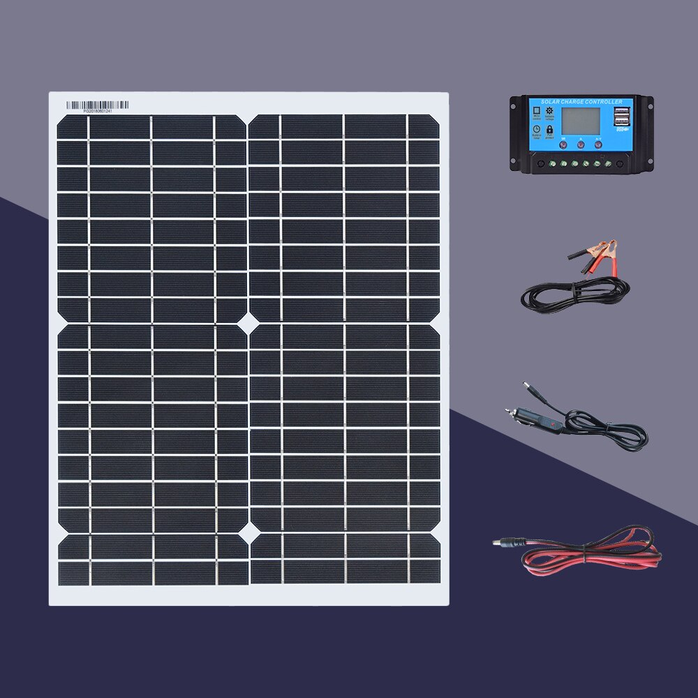 placas solares 10w 20w 30W painel solar portátil carregador de bateria kit com portas USB e 18V DC para banco de energia de telefone celular RVs de barco de carro fora da rede carregue baterias de 12V e dispositivo 5V: 20w solar system