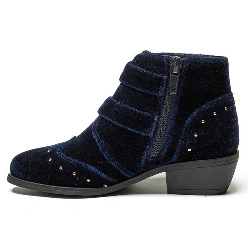Botas de terciopelo azul Vintage para mujer, botas de tacón medio con cremallera lateral para otoño e invierno, botas cortas de tacón bajo de estilo británico para mujer