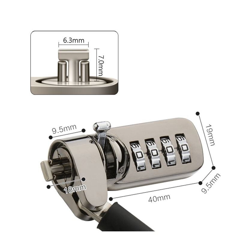 Notebook laptop combinatieslot beveiligingskabel  - 4- cijferige wachtwoordbeveiliging, diefstalbeveiliging - met stevige dikke zwarte beveiliging