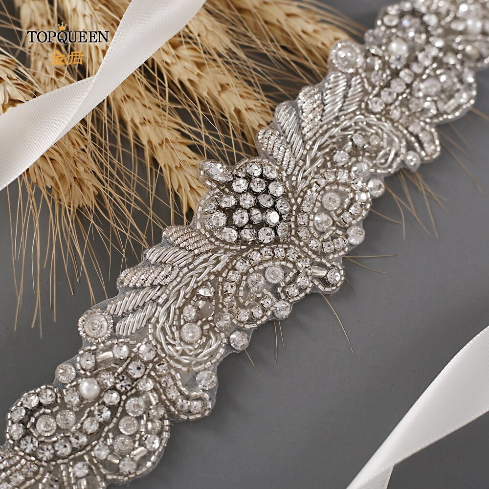 TOPQUEEN S375-S Wedding Dress Belts Bridal Waist Belt Dress Satin Ribbon Belt Indian Beaded Belt Luxury Rhinstone Dress Belts