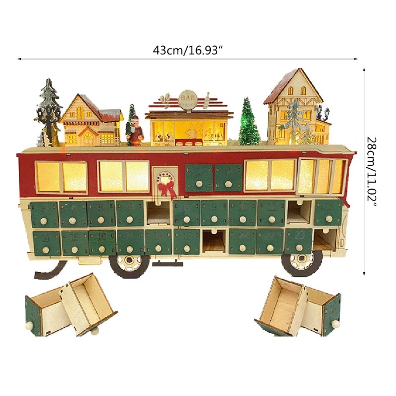 Kerst Houten Advent Kalender Bus Ornament Met Lades Led Light Up Dorp Scène 24 Dag Countdown Xmas Tafel Top