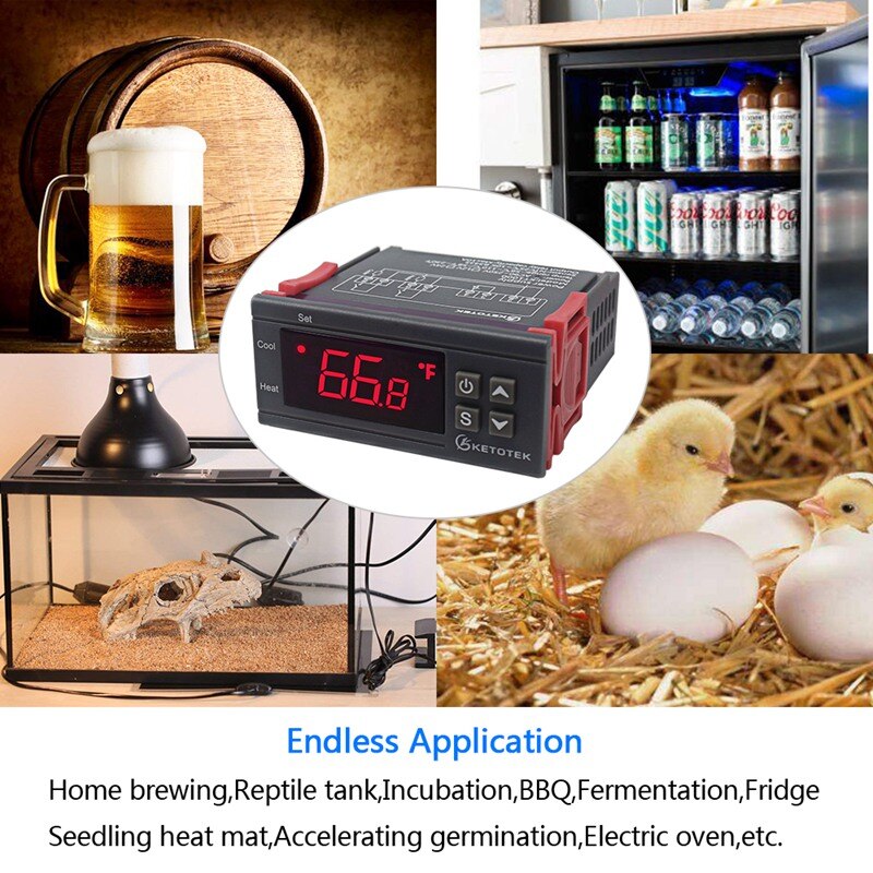 KT1000 Digital Temperature Controller Two Relay Output Thermostat Incubator 110V 220V 10A Heat Cool Celsius Fahrenheit Display