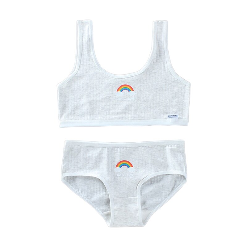 Teenage Young Girls 2Pcs Underwear Set Rainbow Bridge Print Cotton Training Bra Vest Top and Panties Sports Bralette: gray