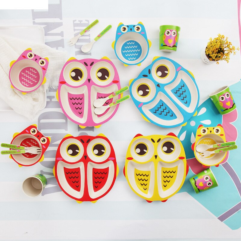 Owl Baby Dinnerware Set Bamboo Fiber Children's Plate Cartoon Baby Feeding Dishesd With Fork Spoon Cup Kids Tableware
