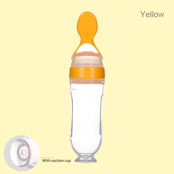 Beeshum 90ml Baby Squeezing Feeding Spoon Safety Silicone Training Baby Bottle Spoon Infant Cereal Food feed Spoon baby gadgets: yellow suction cup