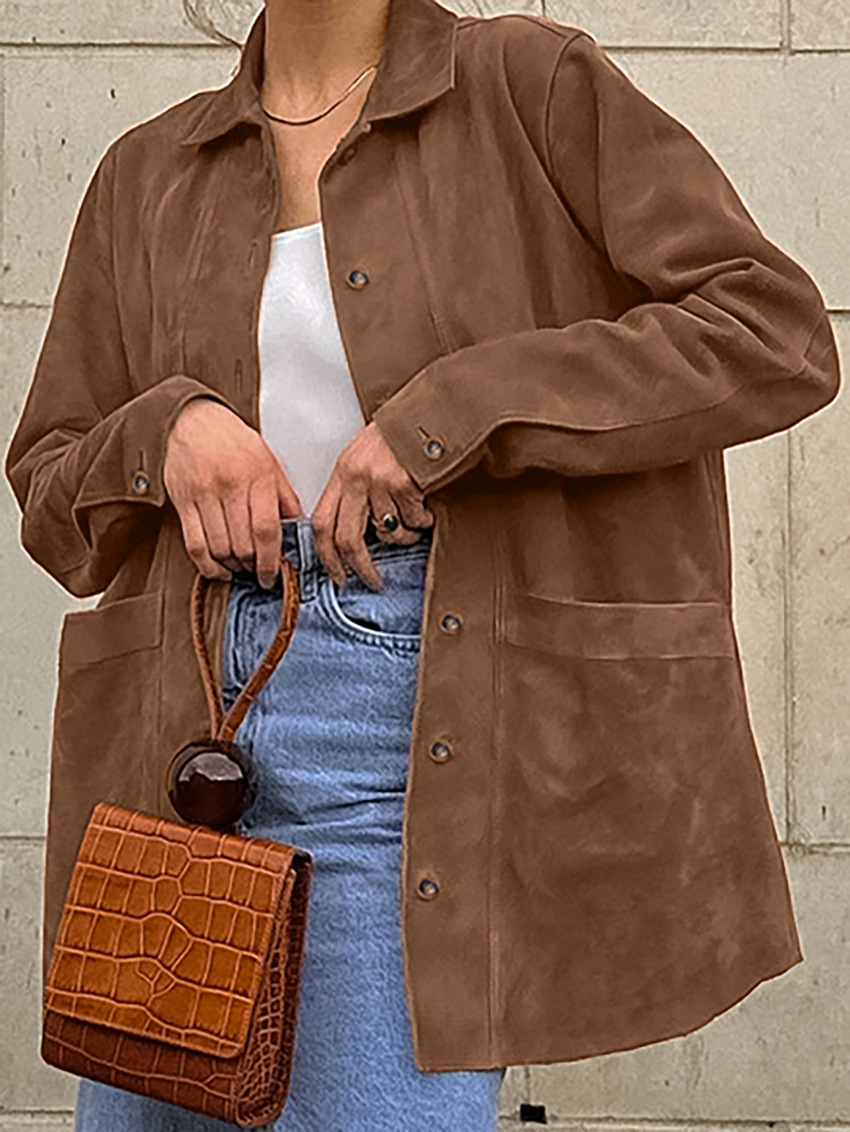 Giacca Casual in pelle scamosciata con tasca con risvolto marrone donna 2024 cappotto a maniche lunghe con bottone singolo moda donna autunno Street Outwear