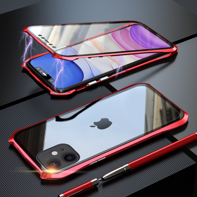 360 Volledige Beschermhoes Voor iphone 11 case Metalen Magnetische Adsorptie Voor iphone 11 pro max Gevallen Cover Bumper Coque: For iPhone 11Pro Max / red 360