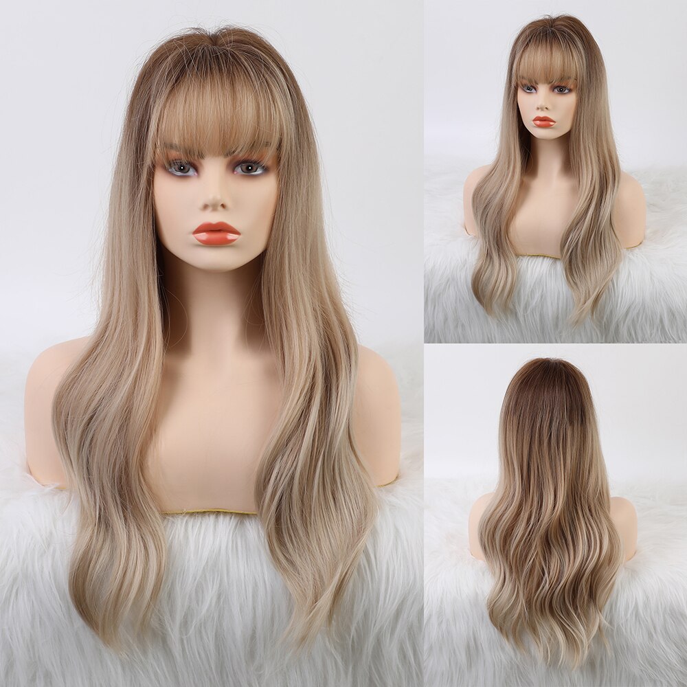 CharmSource-pelucas postizas onduladas con flequillo sintéticas para mujer, color gris, Plata largos, pelo Natural, resistente al calor: lc6042