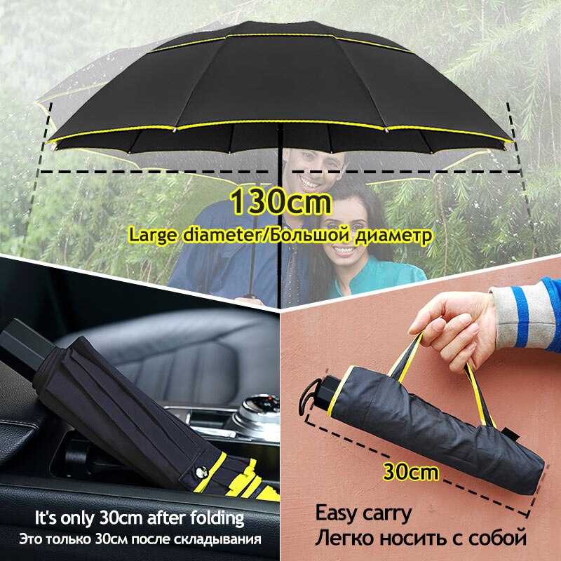 130cm Double Wind Resistant Umbrella Rain Woman Windproof 3Folding Umbrellas Men Outdoor Family Travel Business Large Paraguas