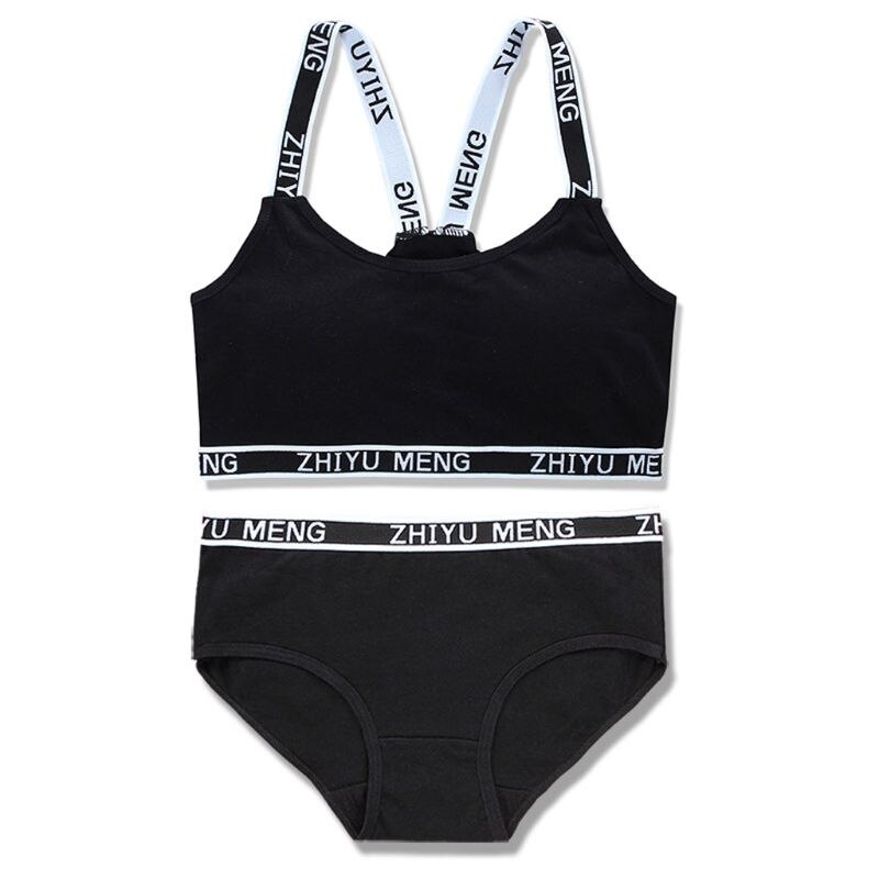 1 Set chicas adolescentes ropa interior de algodón acolchado carta impresión sujetador Conjunto para las chicas jóvenes para deportes de Yoga corriendo tamaño libre: Black
