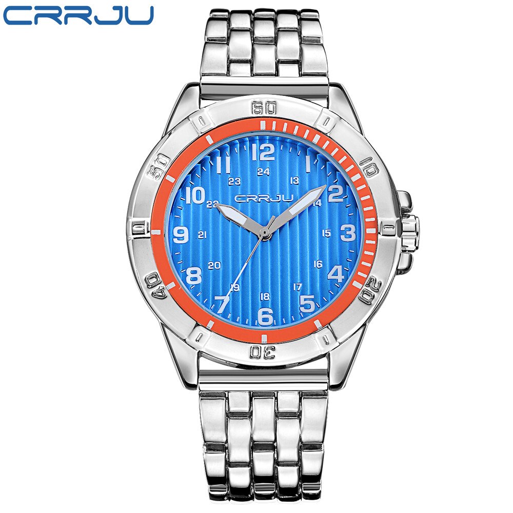 Crrju 2113 Top Luxe Roestvrij Stalen Horloge Voor Mannen Classic Quartz Mannelijke Horloges Romeinse Cijfers Klok: silver blue