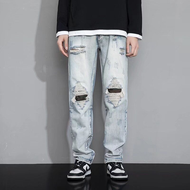 Pantalones vaqueros holgados rasgados para hombre, Jeans rectos informales a la , ropa de calle, pantalones vaqueros holgados de Hip Hop con agujeros: M