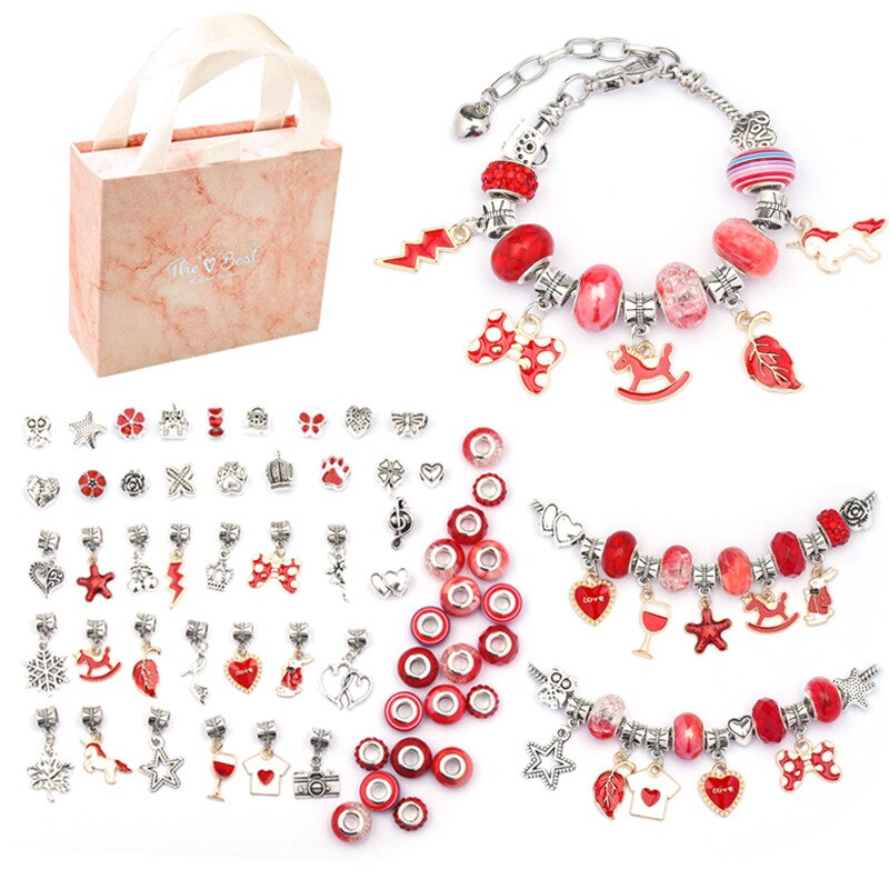 Mädchen DIY Charme Armband Halsketten Schmuck Machen Kit mit Rosa Box für Mädchen Frauen Valentines Geburtstag Weihnachten: Red