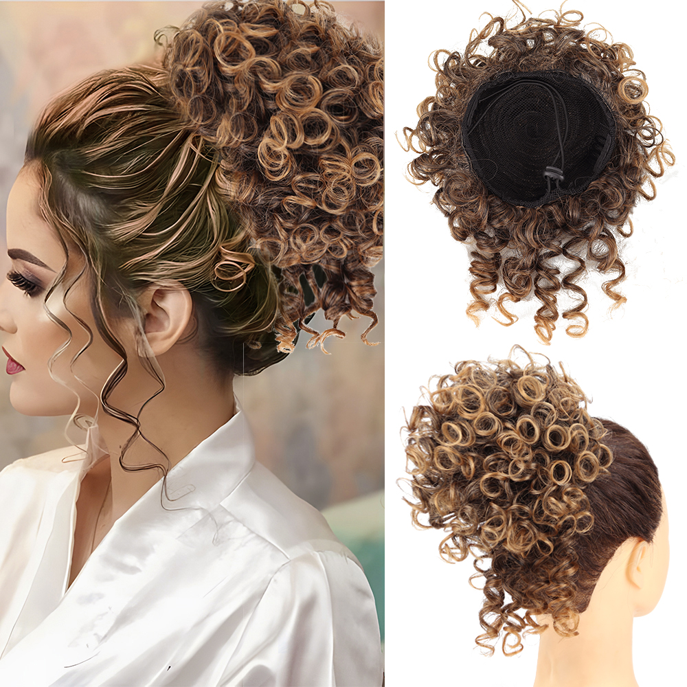 Coque de cabelo bagunçado, peça de cabelo com cordão elástico, onda solta, grande coque encaracolado, 60 gramas, extensão de rabo de cavalo sintético curto para mulheres: T27/30/4