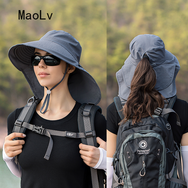 Sombrero de verano para mujer, protección UV para el cuello, visera para el sol para hombre, pesca, senderismo, chal de ala ancha, protector solar, gorra con cola de caballo undefin