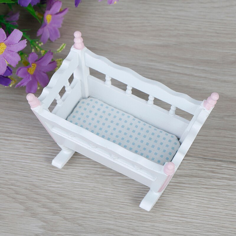 Meubels Witte Houten Cardle Baby Bed Kinderen Speelgoed Houten Kwekerij Wieg Baby Wieg 1:12 DollHouse Miniatuur Poppen