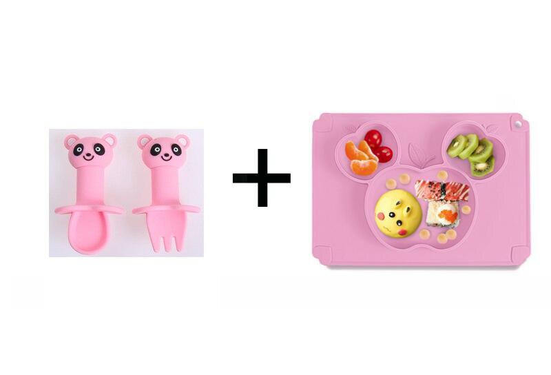 Prato de Silicone Alimentos Complementares de Formação do bebê Bacia de Alimentação Integrada infantil Ventosa Bandeja Talheres Anti-queda: plate fork spoon B