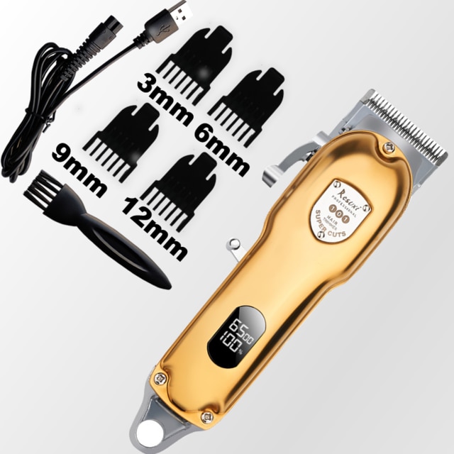 All-metal barber hair clipper electric hair trimmer men cordless hair cutter machine hair cut LCD rechargeable: gold without box