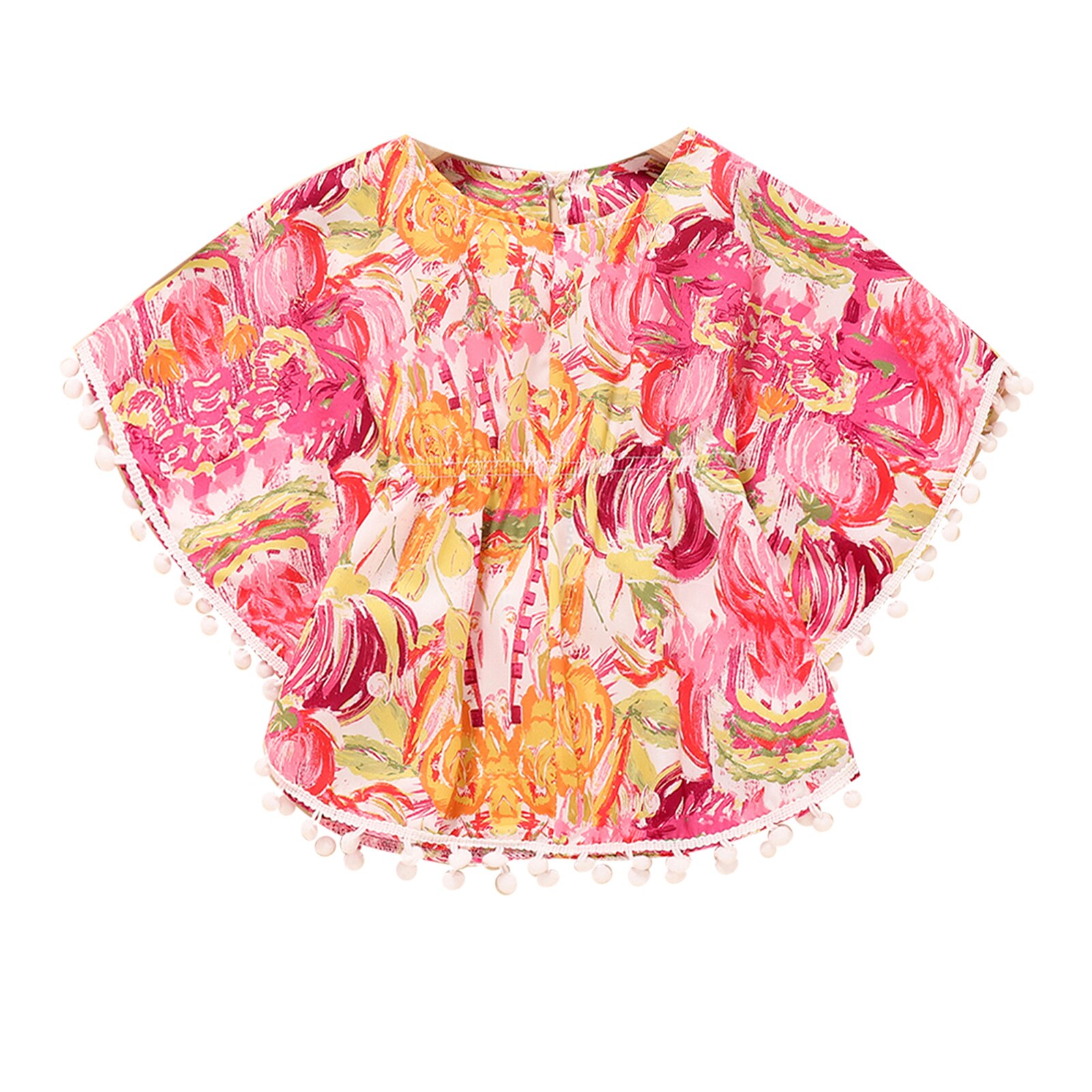 0-3Y Mode Peuter Baby Meisje Blouse Zomer Batwing Mouw Tie Dye Print O Hals Kwasten Losse Top
