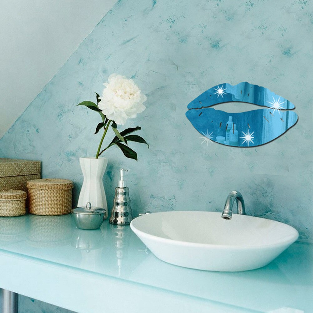 Removable Lips kiss crystal Acrylic Mirror Decorative Sticker 3D DIY wall sticker Wall Decor home decor Shower Room bathroom: Blue 