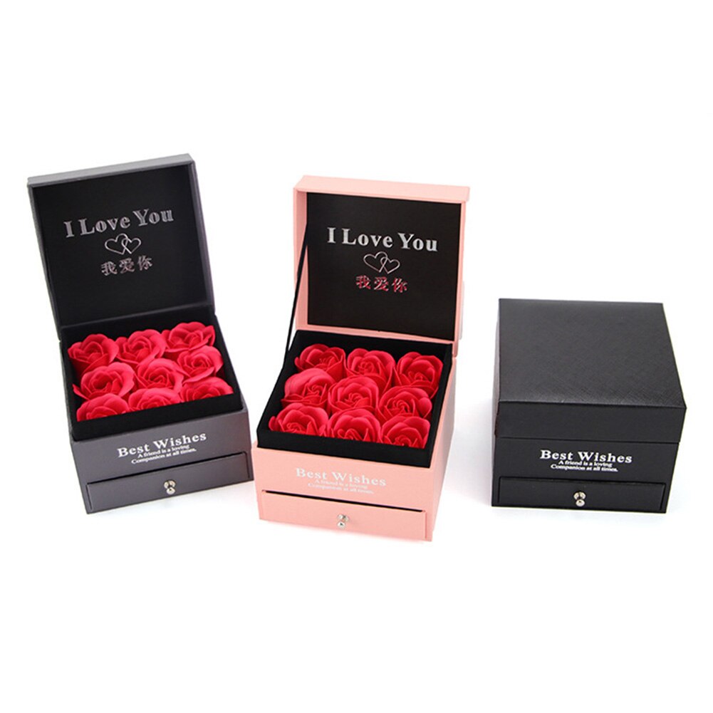 Ring halskæde smykker indehaver papkasse  + 9 stk faux rose blomsterkasse