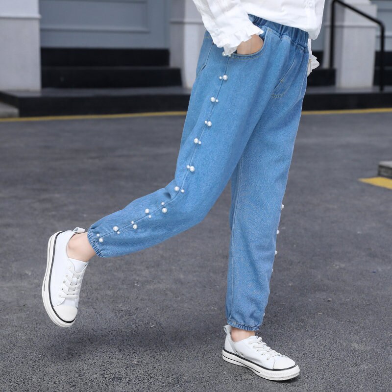 Børnejeans bukser til piger kausale denimbukser børn forår efterår jeans med perler alder 4 5 7 9 11 13 år