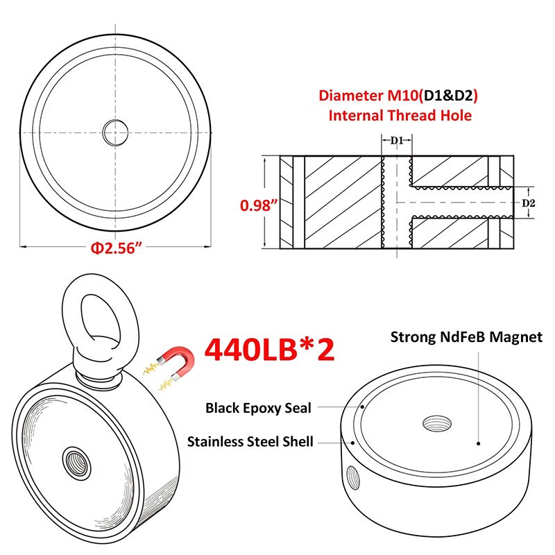 stärker Neodym-Magnet, doppelseitiger Suchmagnet, Haken, Super Energie Bergung Angeln, magnetisch, D48MM-D74MM, Stahlbecherhalter
