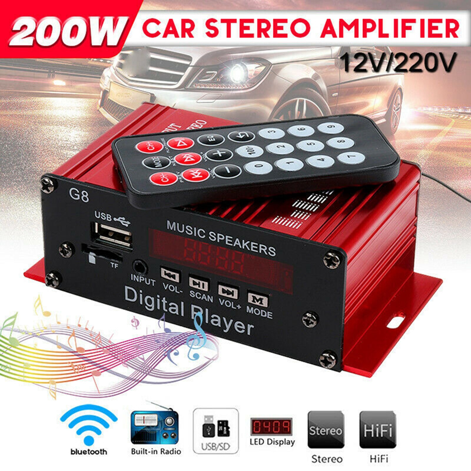 Bluetooth 2 Channel Amplifier Receiver HiFi Integrated Amp 2.0 CH DC 12V