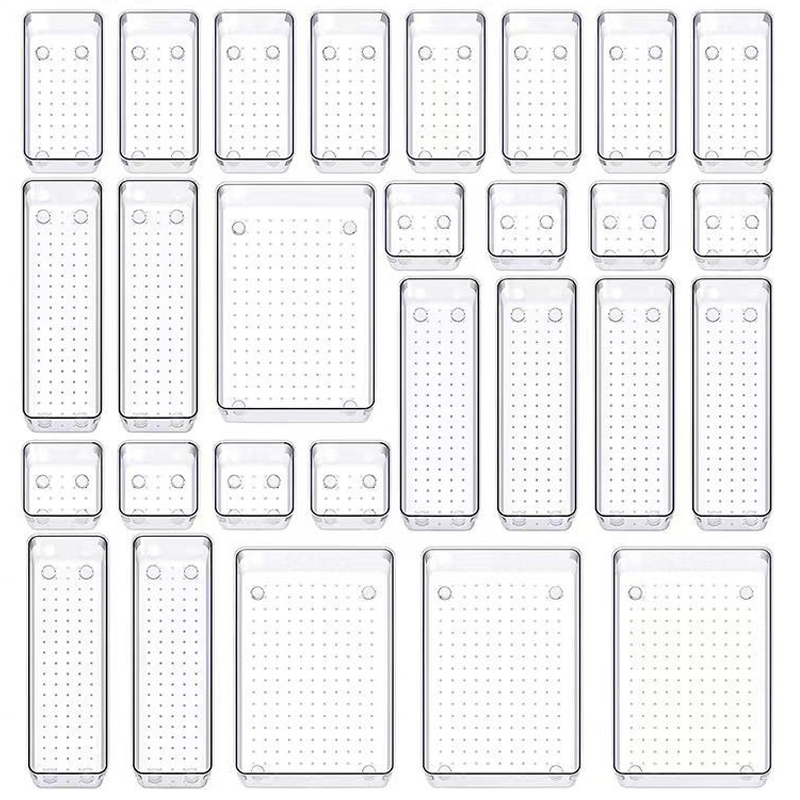 28 PCS Clear Drawer Organizers Set 4-Size Versatile Bathroom and Vanity Drawer Organizer Trays Storage Bins for Bedroom Kitchen