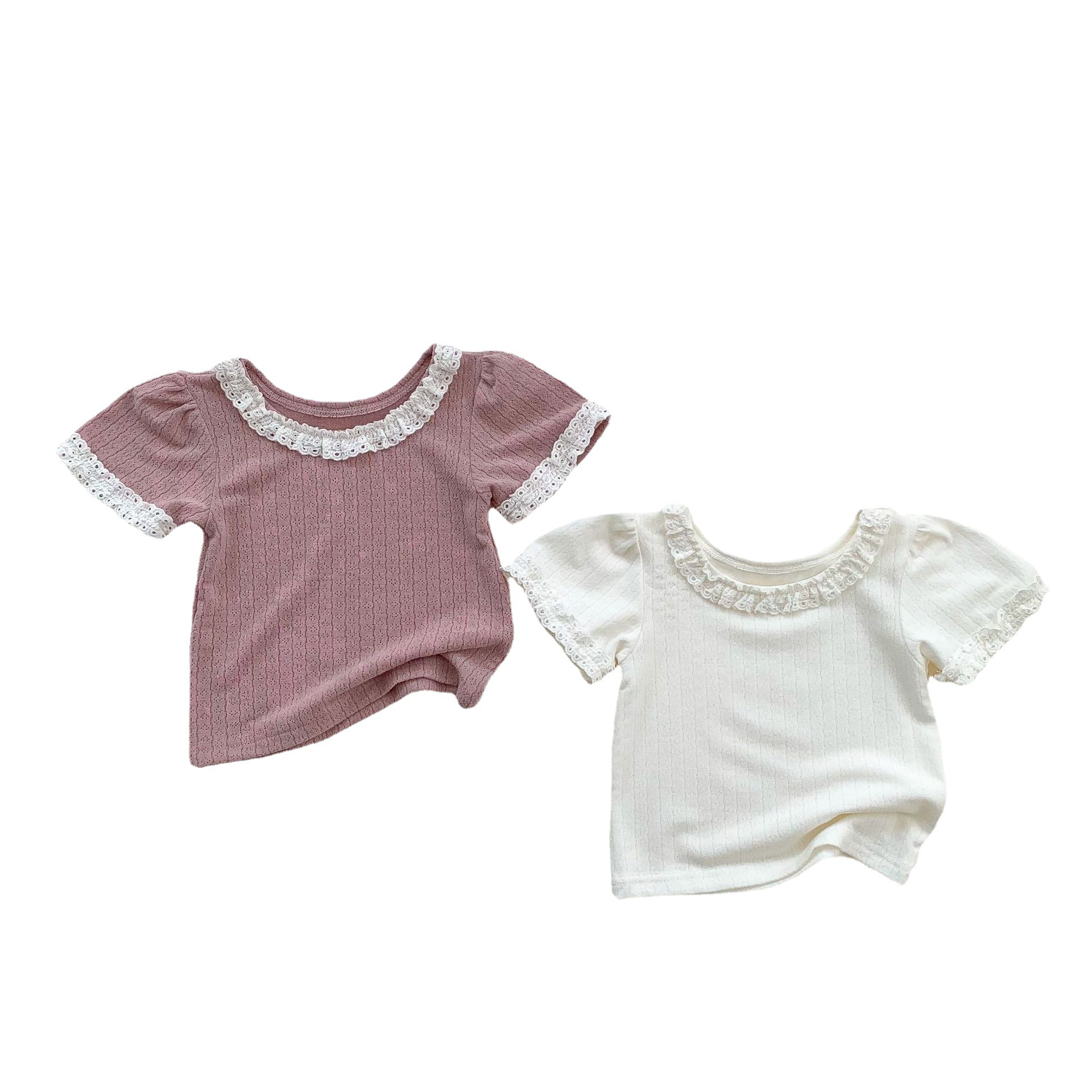 2314A Baby T Shirt 2022 estate manica corta pizzo Patchwork T-shirt da ragazza personalità marea coreano pizzo dolce maglietta top