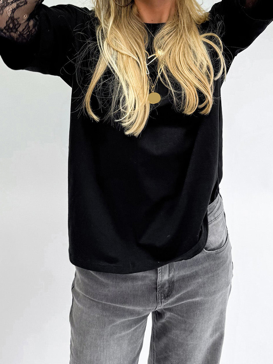 Dam t-shirt med rund hals, spets, långärmad, vardagsskjortor, vår/höst, lös passform, enfärgad t-shirt för streetwear  y2k 00s