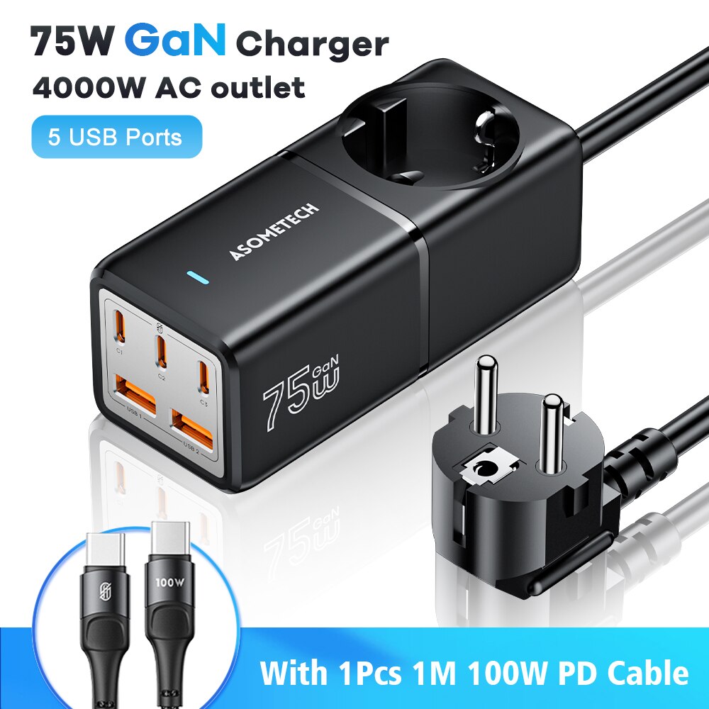 ASOMETECH 75W GaN Desktop Charger Power Strip Charging Station 4000W Rated Power 70W PD Quick Charger For iPhone Samsung Laptop: CH