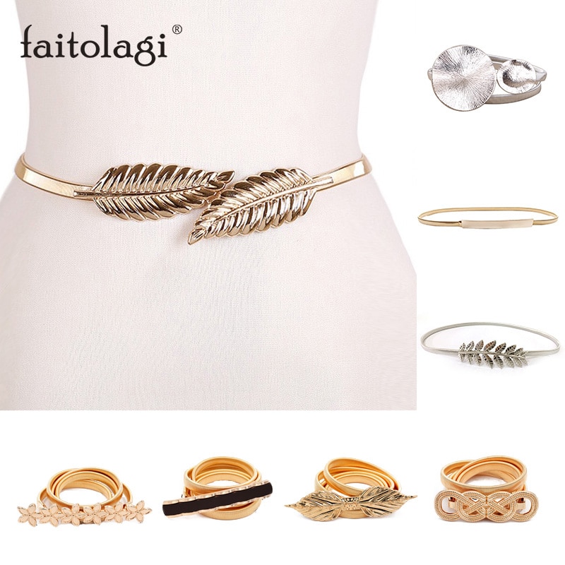 Cinturón elástico de metal para mujer con forma de flor y hoja, Cinturón fino con forma de flor y hojas, para boda