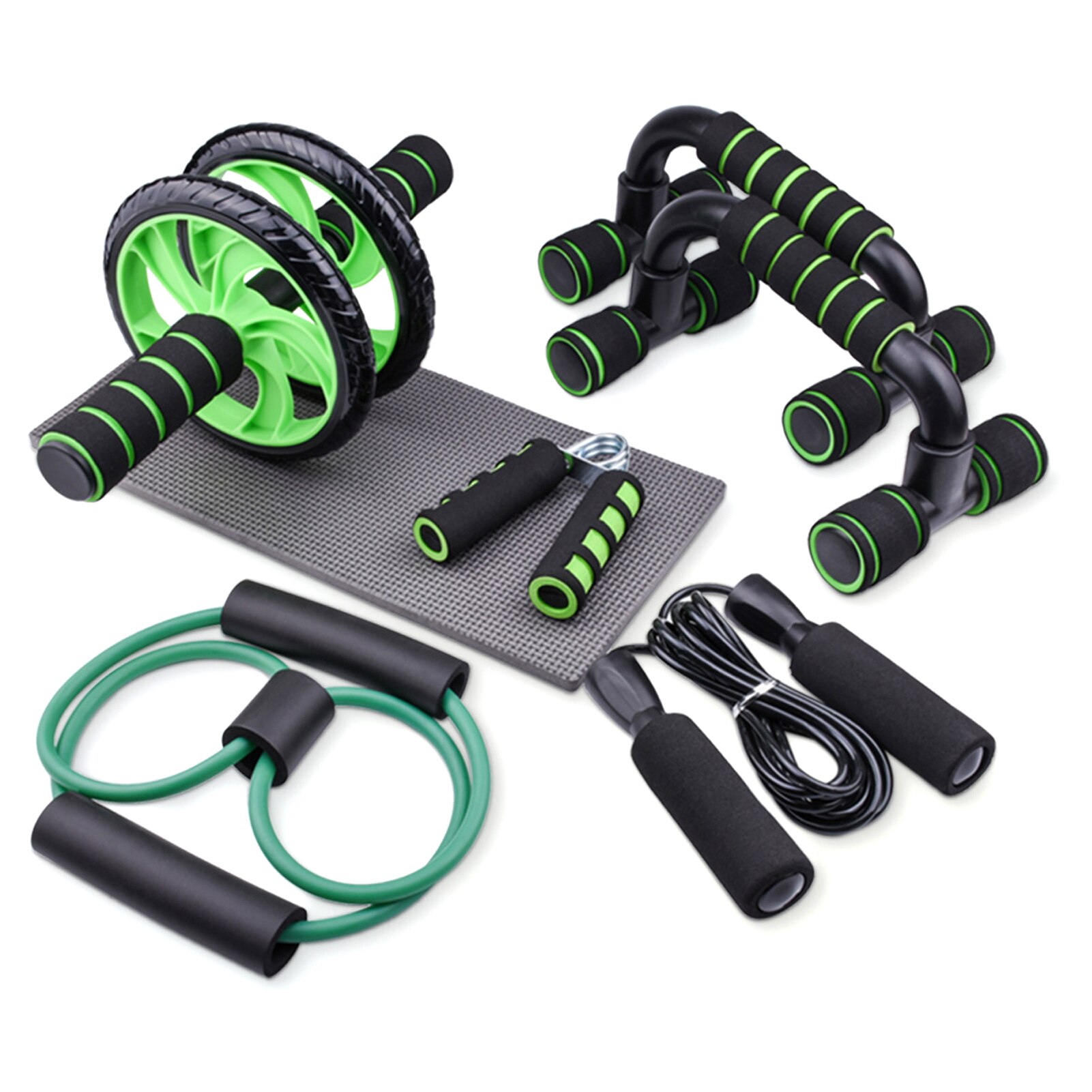 7PCS Power Roller Men's Sports Equipment Household Abdominal Fitness Roller Roller Push Up Frame Jump Rope Fitness: Green